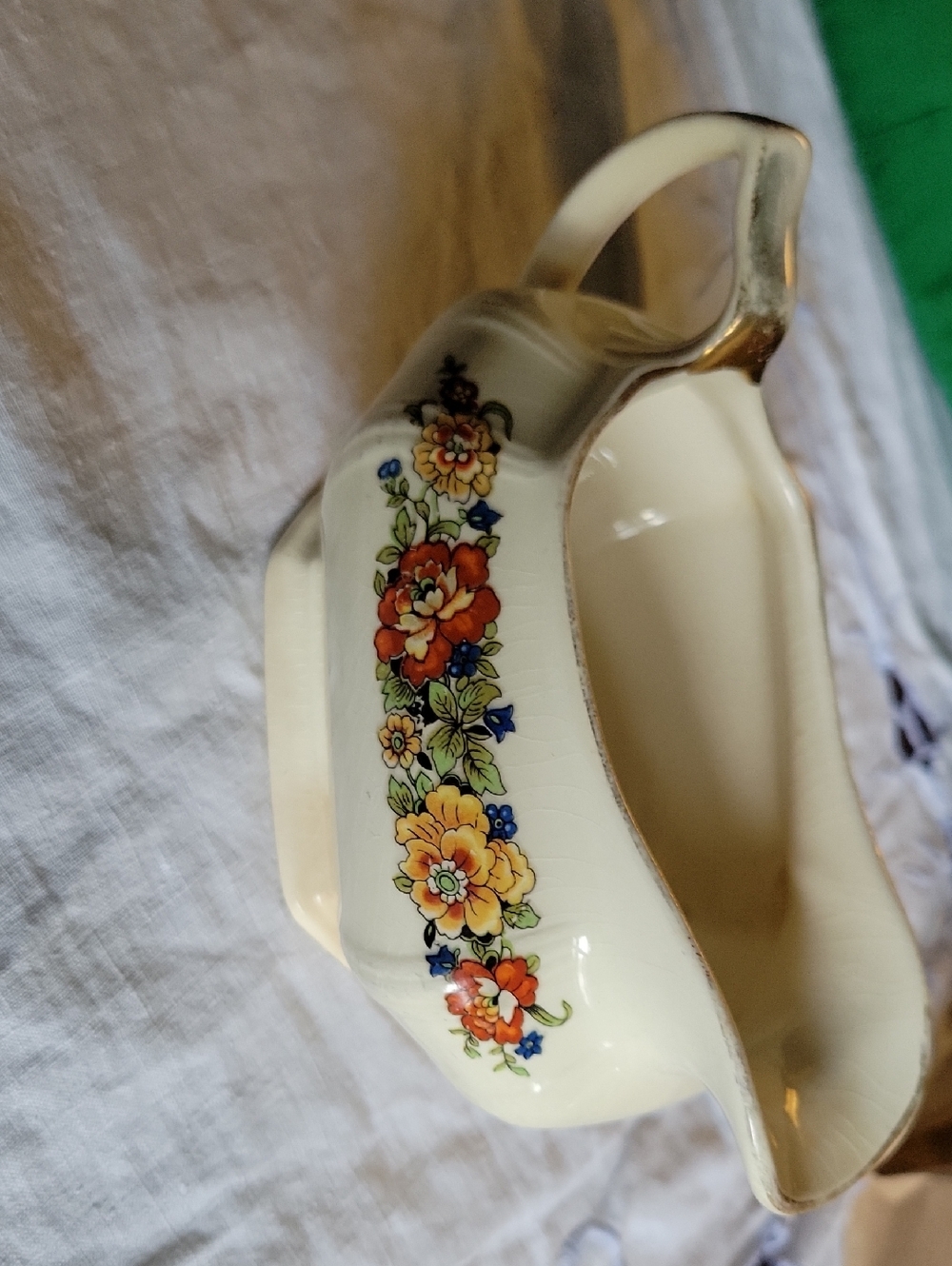 Limoges USA Cream Ceramic Pitcher with 23k Gold Trim and Floral Accents